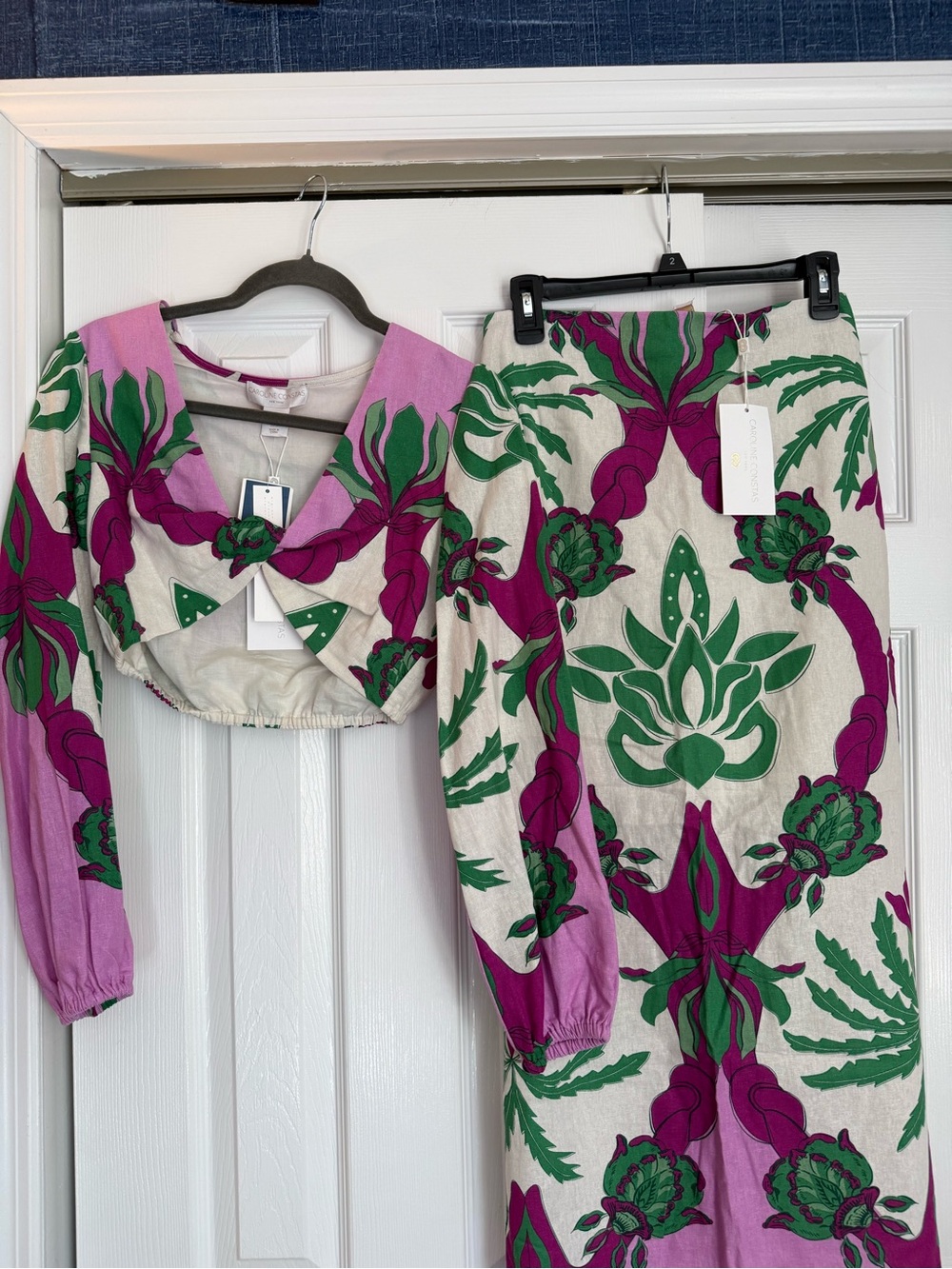 Cropped Long-Sleeve Top and High-Waist Skirt Set in Purple & Green